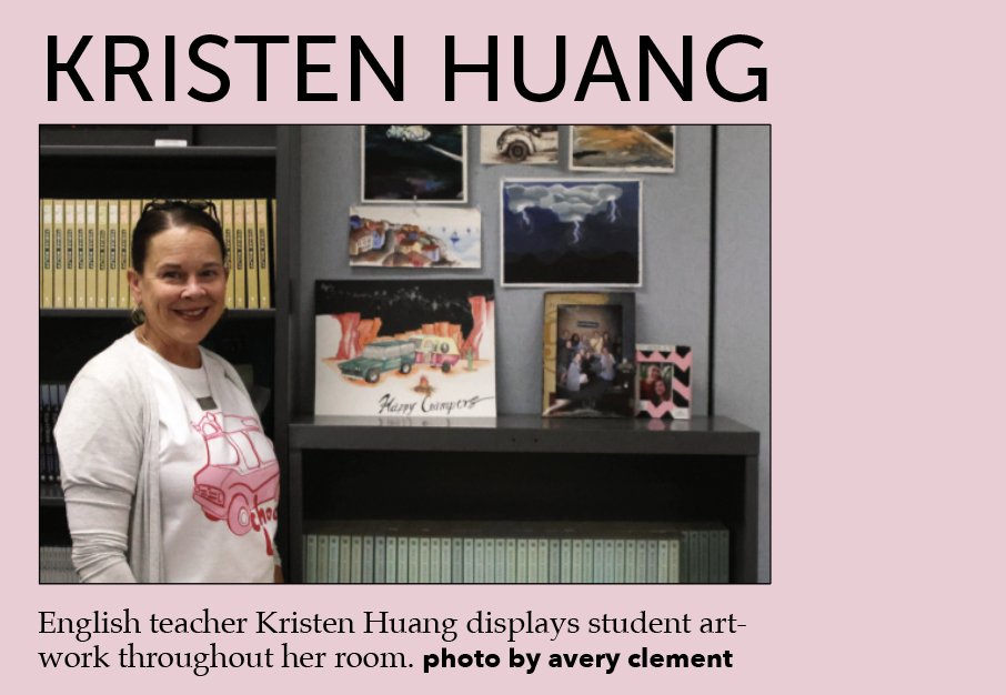 English teacher Kristen Huang displays student artwork throughout her room.